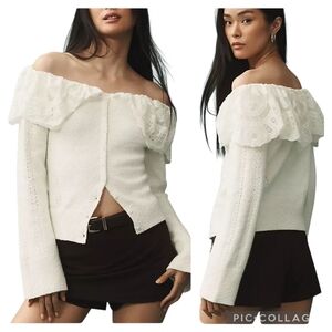 Maeve Anthropologie Lace Collar Off Shoulder Cardigan Sweater Ivory White NWT XL
